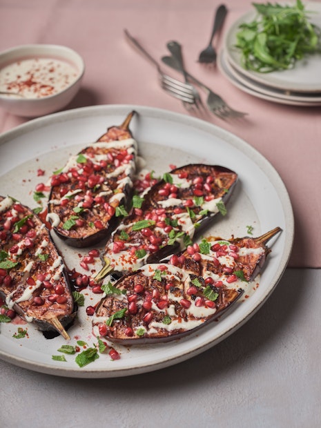 ViewRoasted aubergine with pomegranate molasses