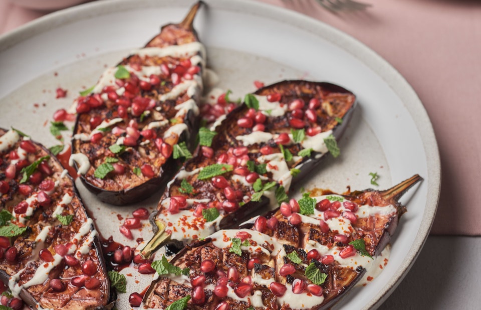 ViewRoasted aubergine with pomegranate molasses